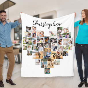 Herzförmiges 36-Foto-Collagen-Script Name Weiß Fleecedecke