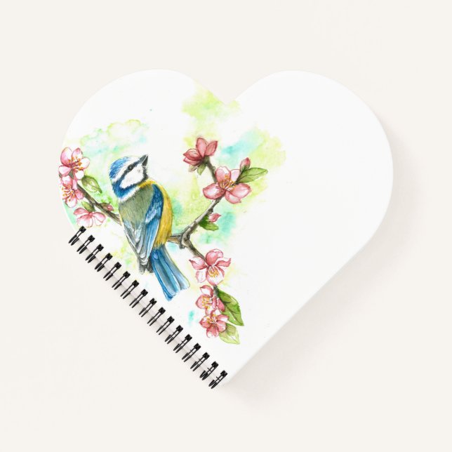 Herzförmiges Notebook mit Watercolor Blue Tit Notizbuch (Vorderseite)