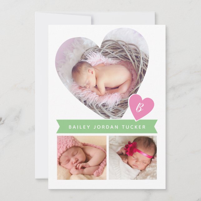 Herzfoto Collage Pink Green Baby Girl Birth Ankündigung (Vorderseite)