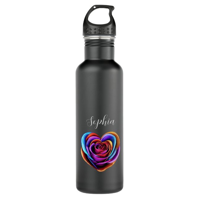 Herzgeprägte farbenfrohe Rose- Edelstahlflasche (Vorderseite)