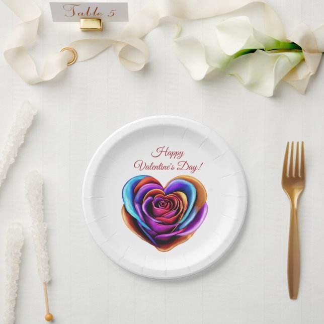 Herzgeprägte farbenfrohe Rose-Valentinstag- Pappteller (Hochzeit)