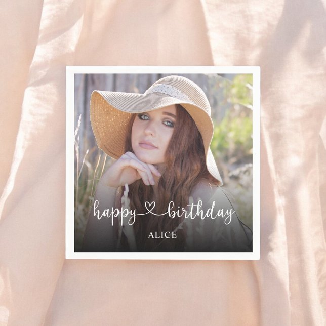 Herzkalligrafie Foto Happy Birthday Serviette (Von Creator hochgeladen)