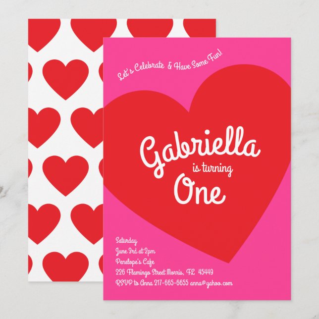 Herzkinder 1. Geburtstag Party Rosa und Rot Einladung (Vorne/Hinten)