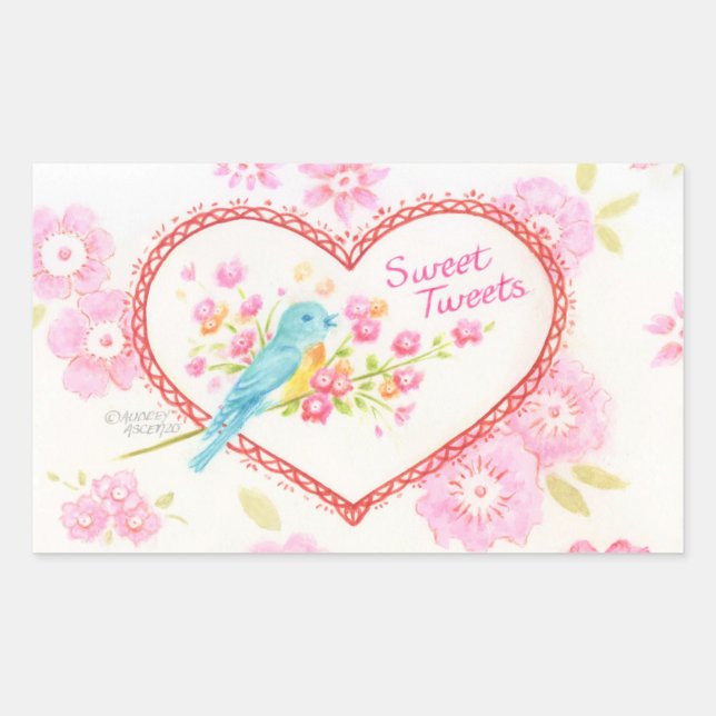 Herzklammern Sweet Tweete Blue Bird Floral Rechteckiger Aufkleber (Vorderseite)