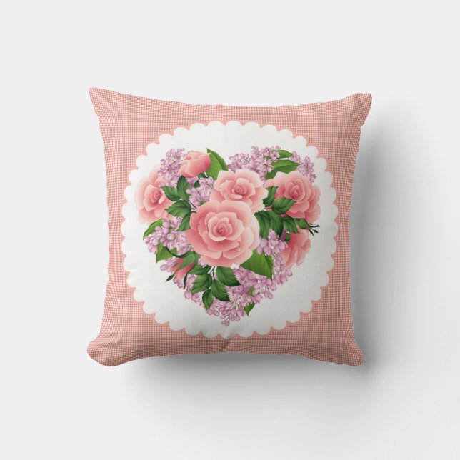 Herzklopfen mit rosa Rosen und lila Blume Kissen (Vorderseite)