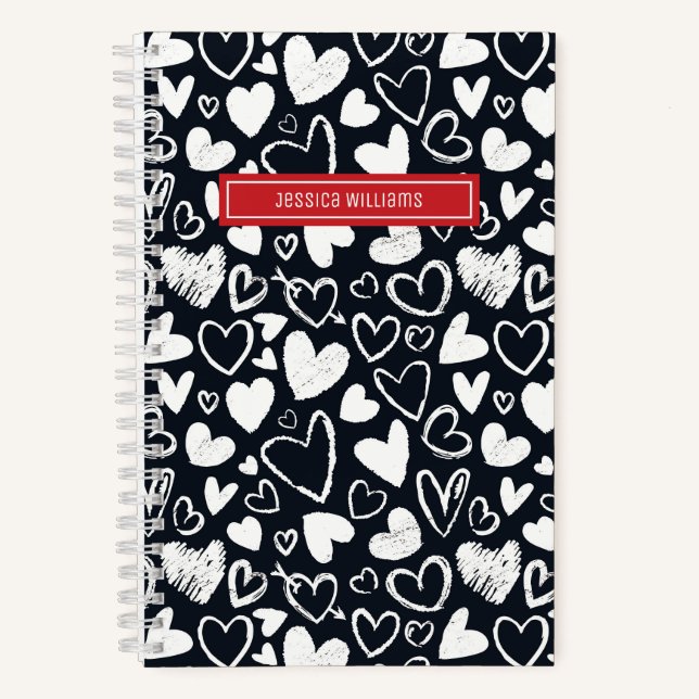 Herzkranz Doodle und Liebe Muster Niedlich Schwarz Notizbuch (Vorderseite)