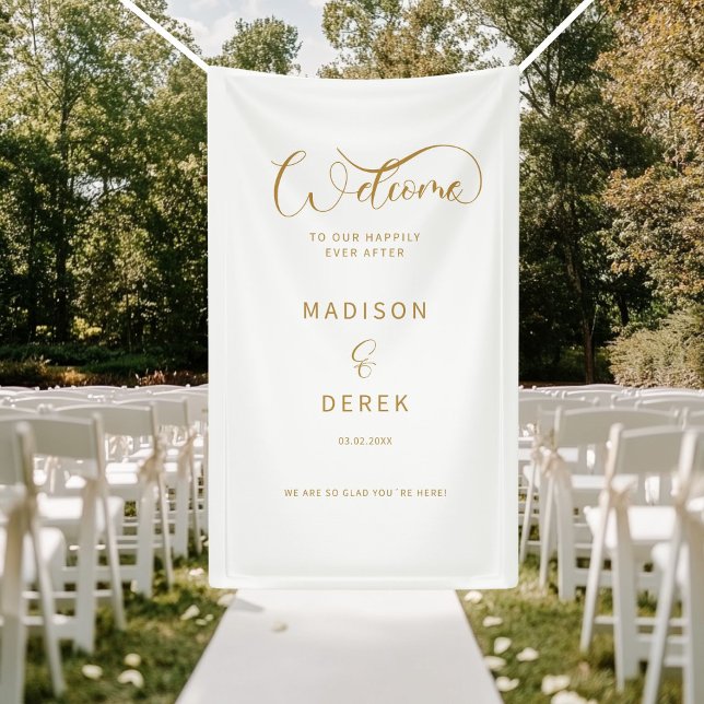 Herzlich willkommen bei uns! banner (Welcome to our happily ever after! White Banner. Personalized with your name and date. )