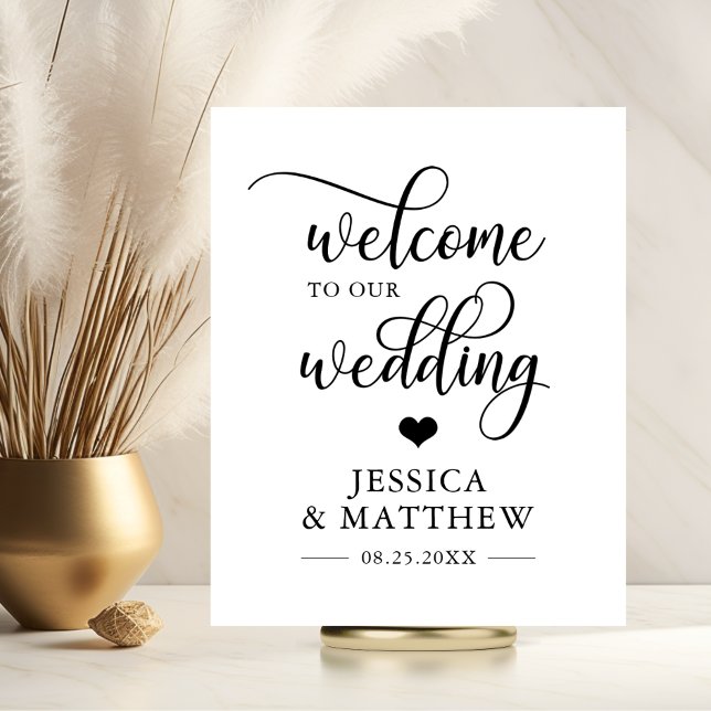 Herzlich willkommen bei uns! poster (Welcome to our Wedding Heart WELCOME SIGN - Reception | Classic Black White)