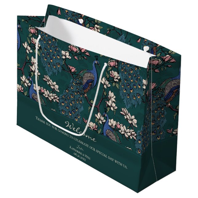 Herzlich willkommen Dunkle Aquamarine Blumenfriedh Große Geschenktüte (Vorderseite Schrägansicht)