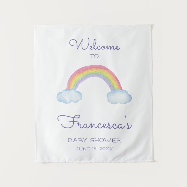 Herzlich willkommen im Baby Dusche Aquarellenbogen Wandteppich (Vorderseite)