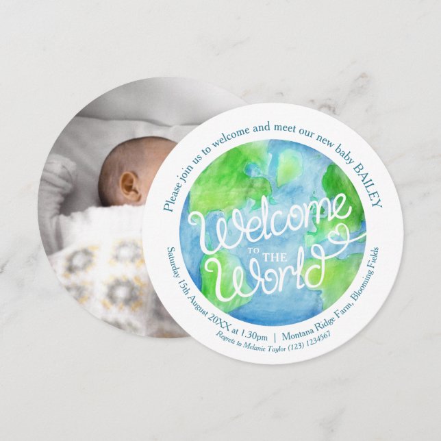 Herzlich willkommen im Baby Foto Reverse der Weltk Einladung (Vorne/Hinten)