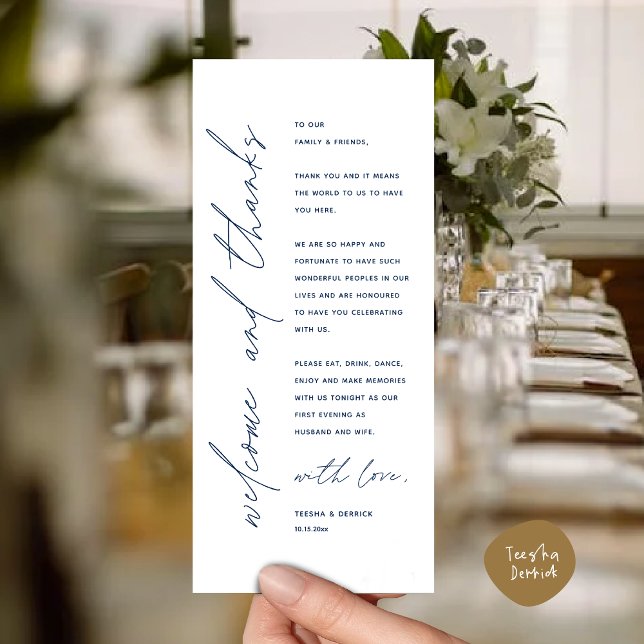 Herzlich Willkommen und vielen Dank für das Abende Programm (Welcome and Thanks, Wedding Dinner Place Setting Thank You Card in Modern Classy Navy Blue)
