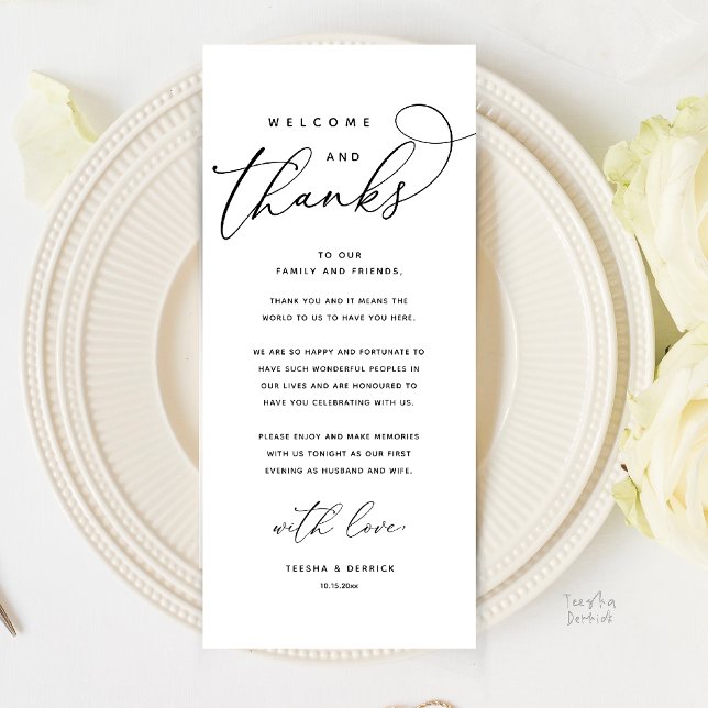 Herzlich willkommen und vielen Dank für das modern Programm (Welcome and Thanks, Modern boho wedding Dinner reception Thank You Card in black and white)