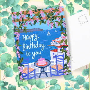 HERZLICHEN GEBURTSTAG Blumen Terrasse Griechische  Postkarte