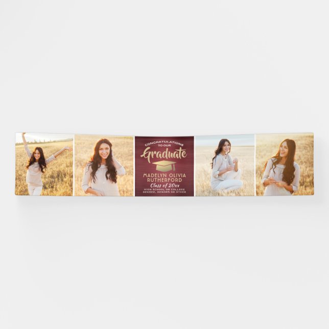 Herzlichen Glückwunsch 4 Foto Burgundy Gold Abschl Banner (Horizontal)