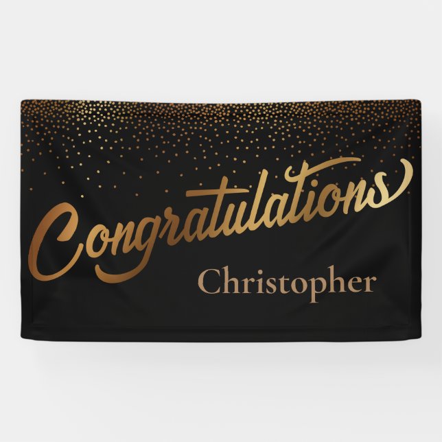 Herzlichen Glückwunsch an Gold Confetti auf Black Banner (Horizontal)