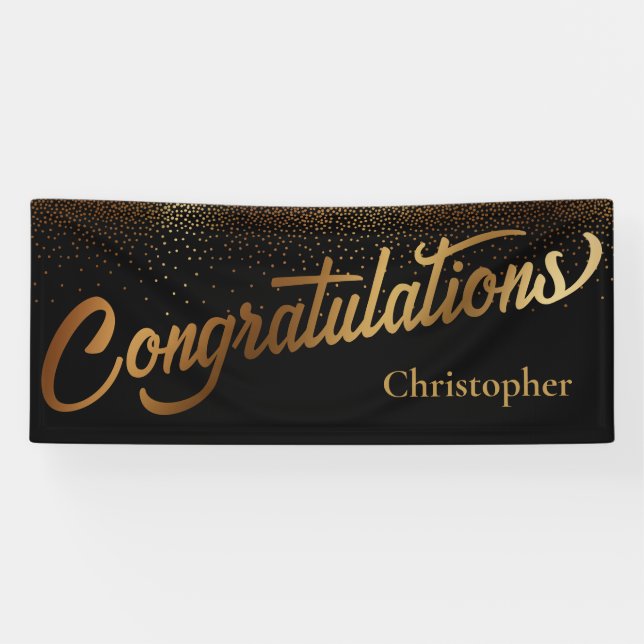 Herzlichen Glückwunsch an Gold Confetti auf Black Banner (Horizontal)