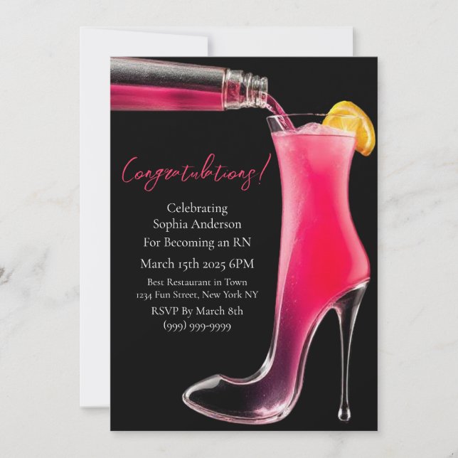 Herzlichen Glückwunsch an Stiletto und Cocktails Einladung (Vorderseite)