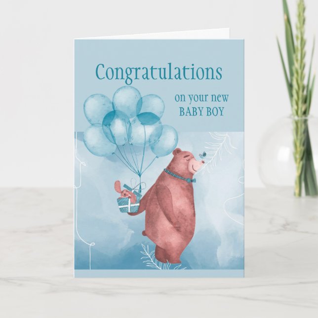 Herzlichen Glückwunsch Baby BOY FunTeddy Bären Bal Karte (Vorderseite)