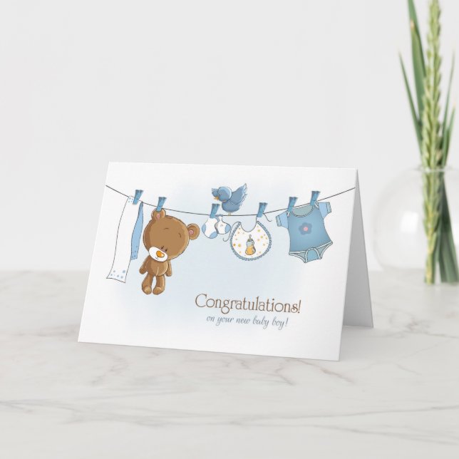 Herzlichen Glückwunsch Baby Boy mit Teddy Bear Karte (Vorderseite)