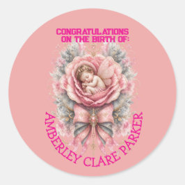Herzlichen Glückwunsch Baby Fee Mädchen Pink Rose Runder Aufkleber