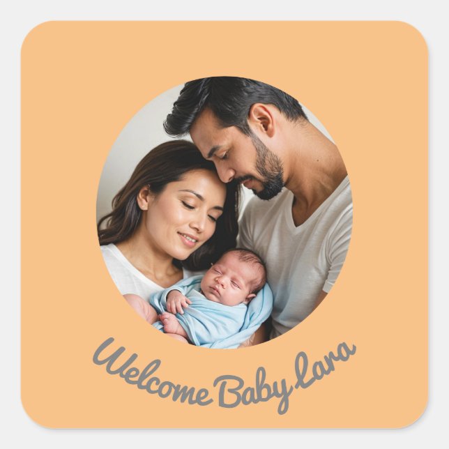 Herzlichen Glückwunsch Baby peach Willkommensgruss Quadratischer Aufkleber (Vorderseite)