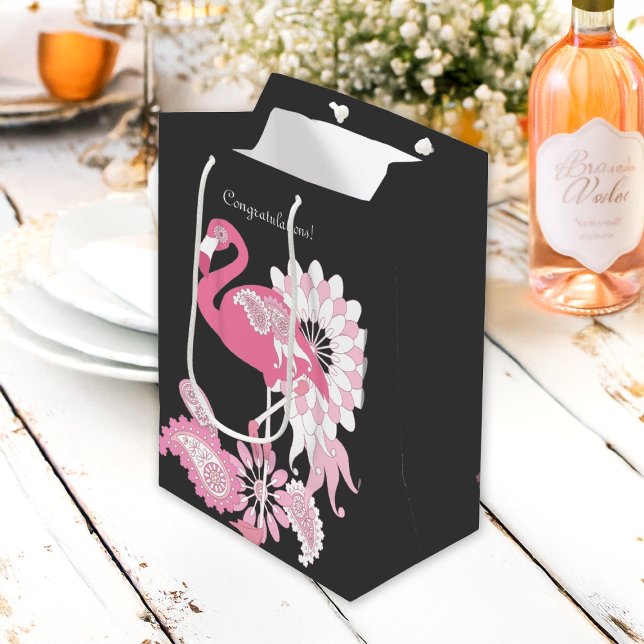 Herzlichen Glückwunsch! Black Paisley Pink Flaming Mittlere Geschenktüte (Von Creator hochgeladen)