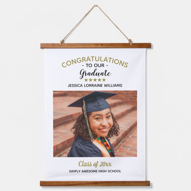 Herzlichen Glückwunsch Custom Foto Graduate Abschl Wandteppich Mit Holzrahmen (Vorderseite)