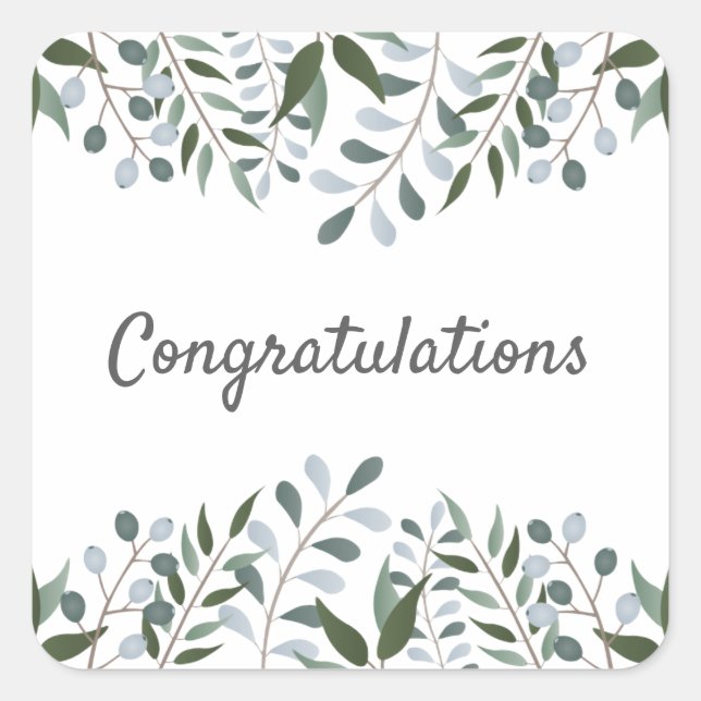 Herzlichen Glückwunsch Eucalyptus Greenery Floral Quadratischer Aufkleber (Vorderseite)