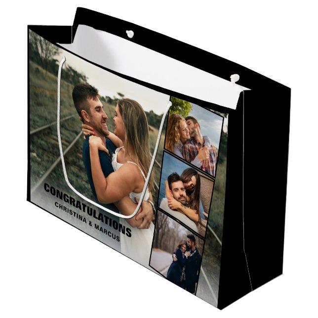 Herzlichen Glückwunsch Foto Collage Black Wedding| Große Geschenktüte (Vorderseite Schrägansicht)