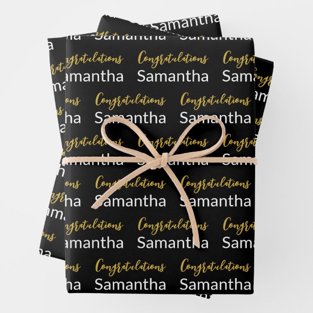 Herzlichen Glückwunsch Gold Script Schwarz-Weiß-Na Geschenkpapier Set (Beispiel)
