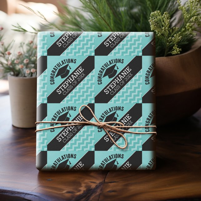 Herzlichen Glückwunsch Graduate - Aqua Black Absch Geschenkpapier (Personalized Graduation Wrapping Paper)