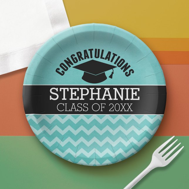 Herzlichen Glückwunsch Graduate - Aqua Black Absch Pappteller (Custom Graduation Paper Plate)