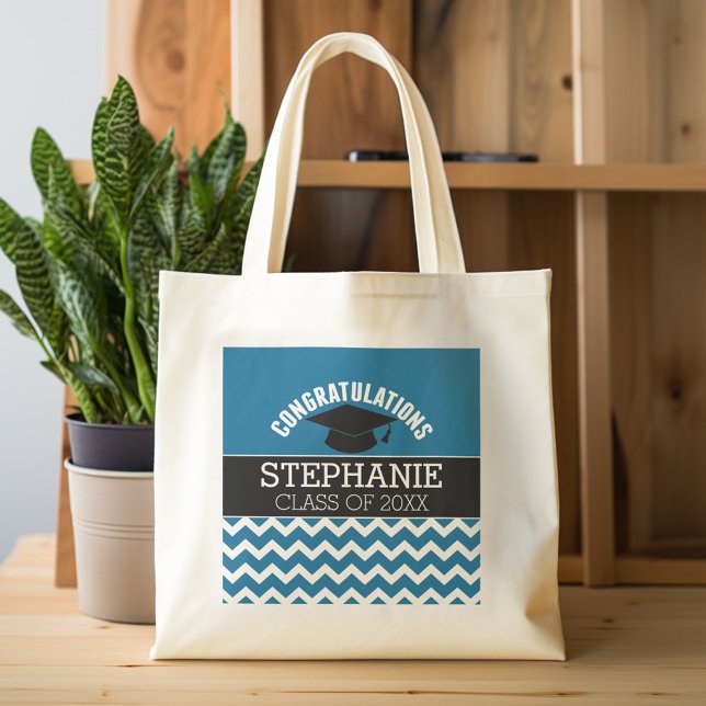 Herzlichen Glückwunsch Graduate - Blue Black Absch Tragetasche (Personalized tote bag with photos and custom text)