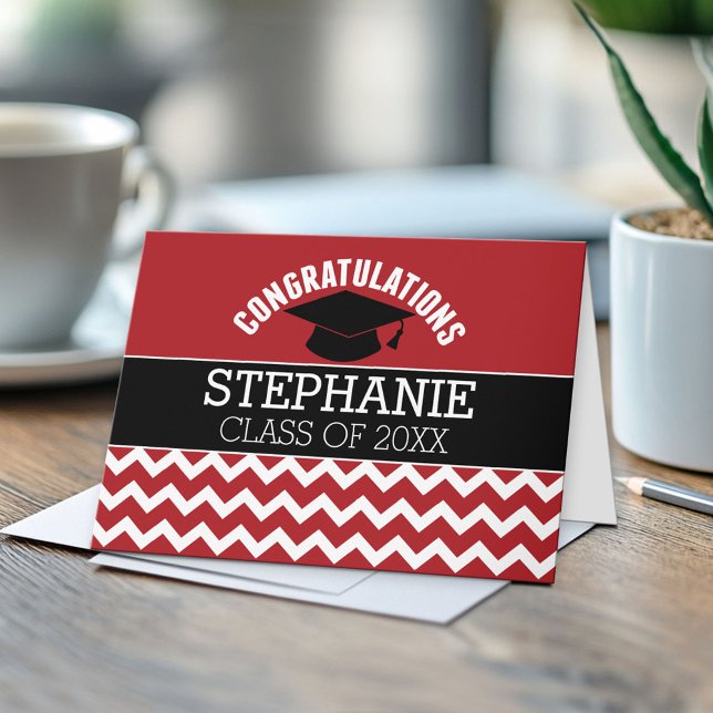 Herzlichen Glückwunsch Graduate - Red Black Abschl Karte (Custom, Personalized Graduation Congratulations - Folded Greeting Card)