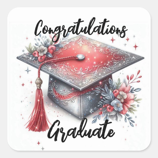 Herzlichen Glückwunsch Graduierung Cap and Diploma Quadratischer Aufkleber (Vorderseite)