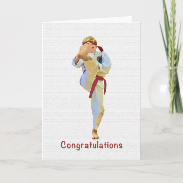 Herzlichen Glückwunsch, Karate Kicking Red Belt Ca Karte (Vorderseite)