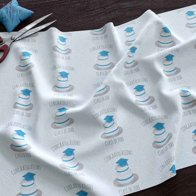 Herzlichen Glückwunsch Klasse Abschluss Blue Fabri Stoff (Fun graduation cake pattern fabric with space for your text)
