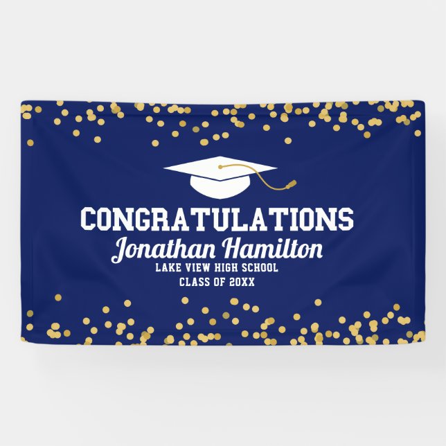 Herzlichen Glückwunsch Navy Blue Gold Grad Party Banner (Horizontal)