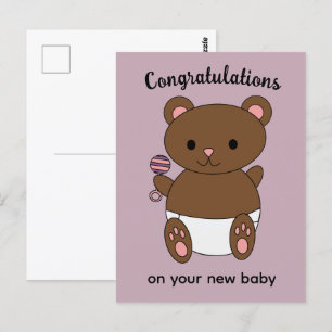 Herzlichen Glückwunsch neues Baby Mädchen Bär Rosa Postkarte