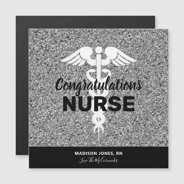 Herzlichen Glückwunsch Nurse Grad Black Silver Gli Magnetkarte (Vorne/Hinten)
