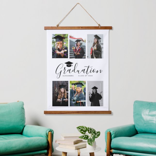 Herzlichen Glückwunsch Schwarz-weiß Abschluss 6 Fo Wandteppich Mit Holzrahmen (Wohnzimmer)