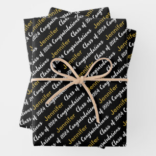 Herzlichen Glückwunsch Schwarz-weiß Goldname Class Geschenkpapier Set