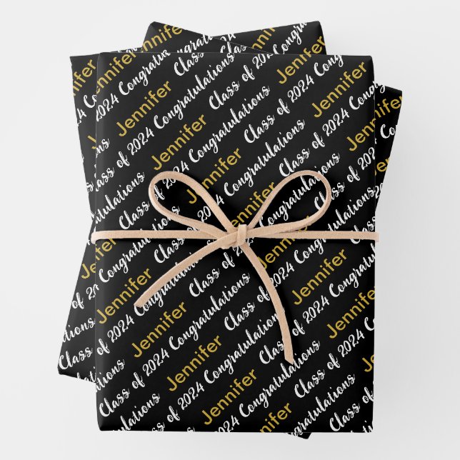 Herzlichen Glückwunsch Schwarz-weiß Goldname Class Geschenkpapier Set (Beispiel)