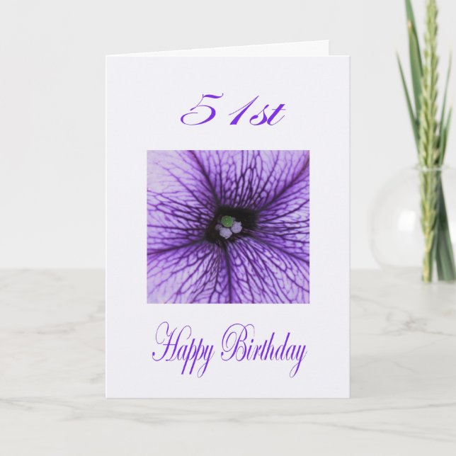 Herzlichen Glückwunsch zum 51. Geburtstag lila Blo Karte (Vorderseite)