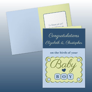 Herzlichen Glückwunsch zum Babyjungen in Blau und Karte