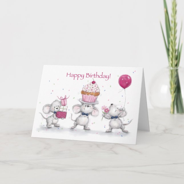 Herzlichen Glückwunsch zum Geburtstag, drei Mäuse  Karte (Vorderseite)
