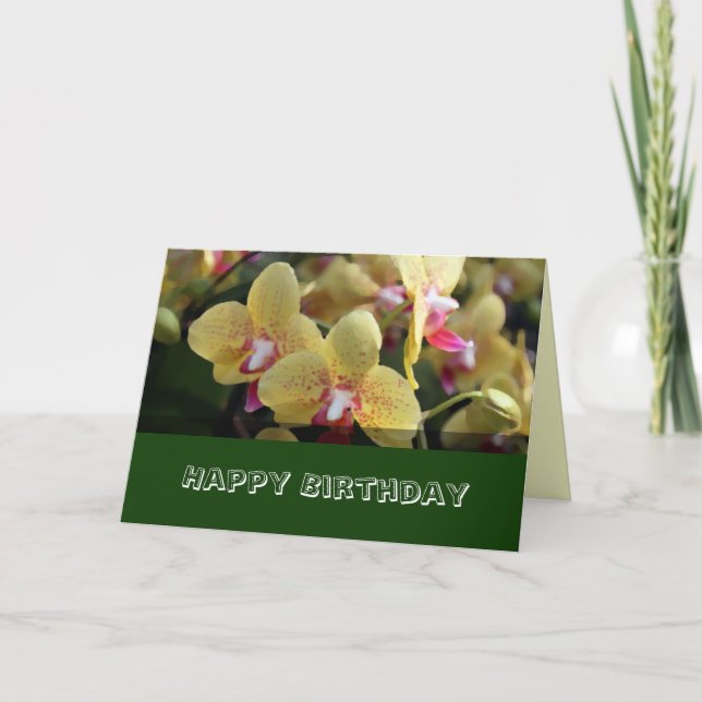 Herzlichen Glückwunsch zum Geburtstag, gelbe orchi Karte (Vorderseite)