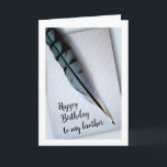 Herzlichen Glückwunsch zum Geburtstag meiner Broth Karte<br><div class="desc">Ein Single blauer Jay-Feder auf Notenpapier mit dem Drehbuch "Happy Birthday to my Bruders" schmückt diese Glückwunschkarte zum Geburtstag. Passen Sie das Cover und die Innenseite an,  wie Sie es vor dem Auschecken wünschen. Art,  Bild und Vers Copyright © Shoaff Ballanger Studios.</div>