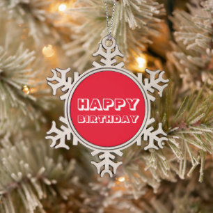 Herzlichen Glückwunsch zum Geburtstag, rot-weiß, m Schneeflocken Zinn-Ornament